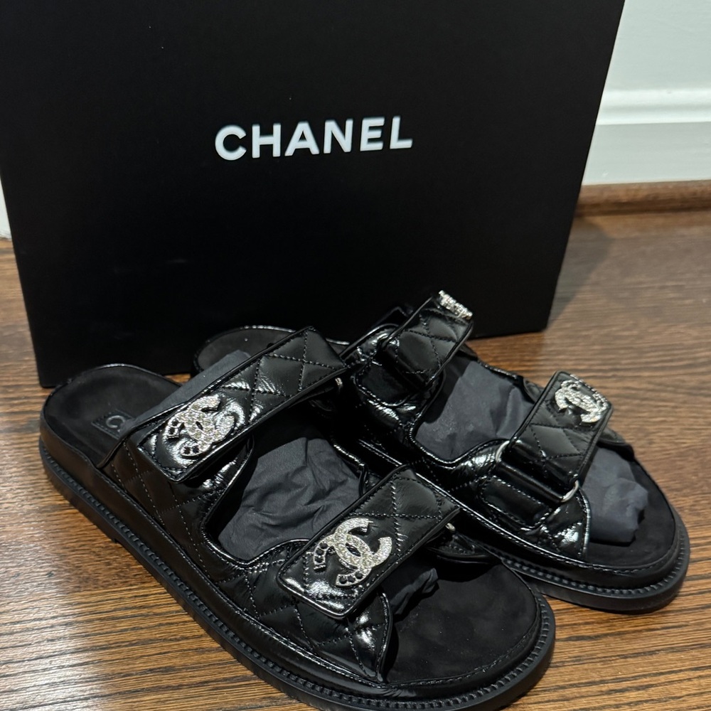 Chanel 25P Backless Dad Sandals Rhinestone Black size 37